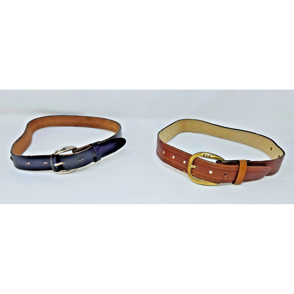 Vintage Lee Jeans Leather Boy's Belt Pair Black Brown 28 Inch Slide Buckle